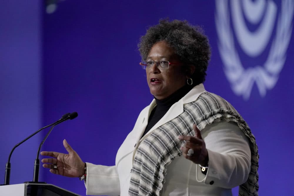 The Prime Minister of Barbados Mia Amor Mottley speaks during the opening ceremony of the COP26 U.N. Climate Summit, in Glasgow, Scotland, Monday, Nov. 1, 2021. (Alberto Pezzali/AP)