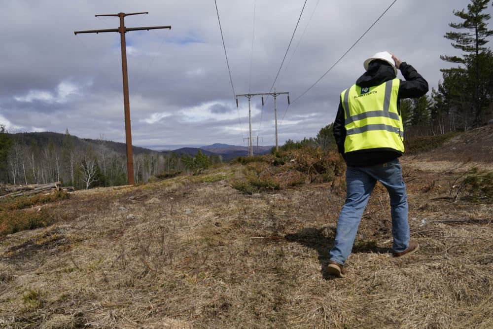 A worker inspects a Central Maine Power electricity corridor that has been widened to make way for new utility poles, April 26, 2021, near Bingham, Maine. Voters rejected a $1 billion transmission line but that is not the end of the polarizing project in the woods of western Maine. (Robert F. Bukaty/AP File)