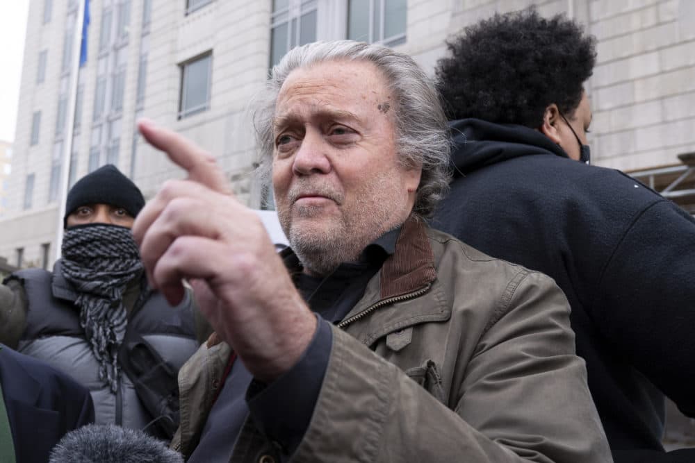 Former White House strategist Steve Bannon arrives at the FBI Washington Field Office, Nov., 15, 2021, in Washington. Bannon has surrendered to federal authorities to face contempt charges after defying a subpoena from a House committee. (Jose Luis Magana/AP)