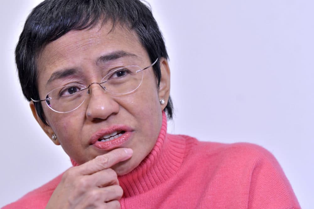 Investigative journalist Maria Ressa, of the Philippines, speaks with a reporter from The Associated Press, during an interview at the Kennedy School of Government on the campus of Harvard University, Nov. 16, 2021. (Josh Reynolds/AP)