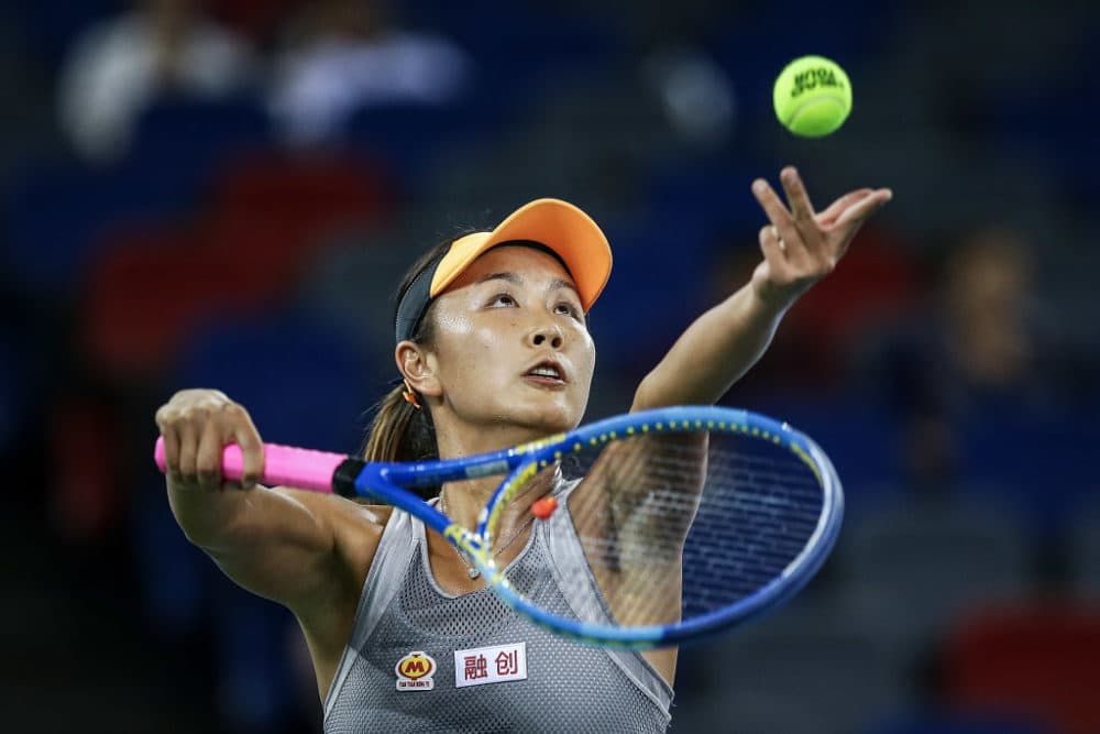 Peng Shuai of China severs a shot during a match at the Optics Valley International Tennis Center on Sept. 23, 2019, in Wuhan, China. (Wang He/Getty Images)