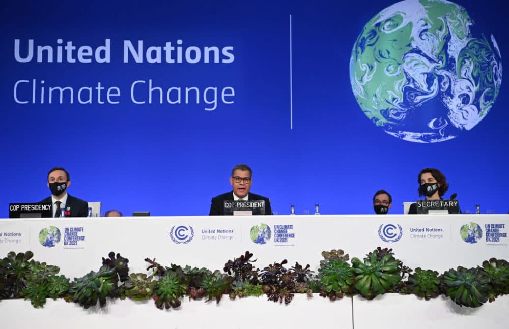 COP26 President Alok Sharma (C) speaks during an informal plenary stocktake on day 14 of COP26 at SECC on Nov. 13, 2021, in Glasgow, Scotland. (Jeff J Mitchell/Getty Images)