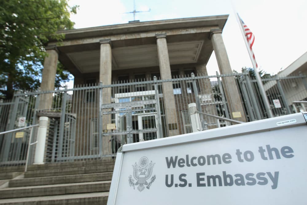 A sign stands outside the U.S. embassy following the sudden illness of three embassy staff in Berlin, Germany. (Sean Gallup/Getty Images)