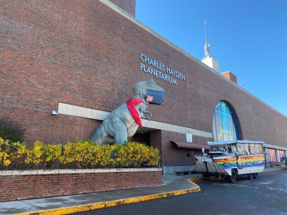 A t-rex wears a mask and a cape outside the Museum of Science in efforts to encourage families to get vaccinated (Amanda Beland/WBUR).