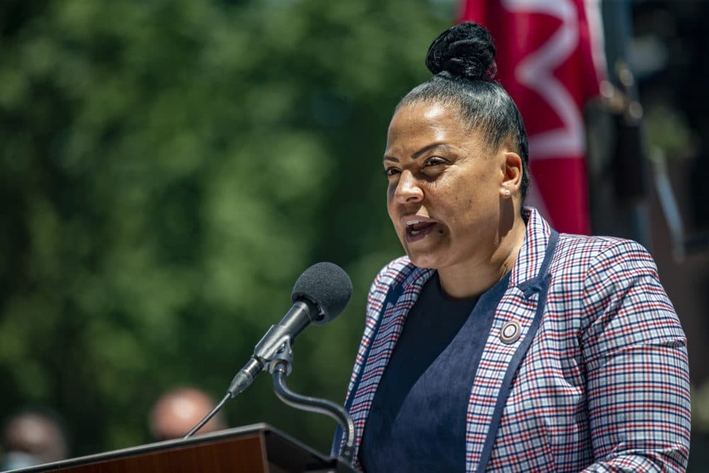 Suffolk County District Attorney Rachael Rollins speaks during the celebration to raise the Juneteenth flag in front of City Hall. (Jesse Costa/WBUR)