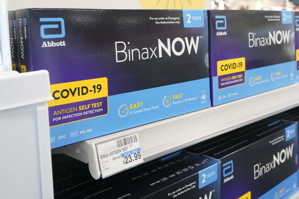 Boxes of BinaxNow home COVID-19 tests are shown for sale, Nov. 15, 2021, at a CVS store (Ted S. Warren/AP)