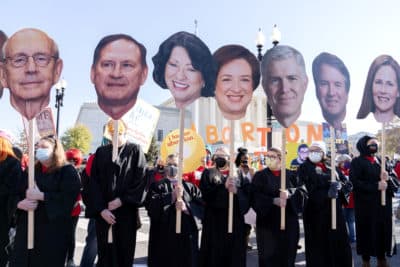 Abortion rights advocates holding cardboard cutouts of the Supreme Court Justices, demonstrate in front of the U.S. Supreme Court Wednesday, Dec. 1, 2021, in Washington, as the court hears arguments in a case from Mississippi, where a 2018 law would ban abortions after 15 weeks of pregnancy, well before viability. (Jose Luis Magana/AP)