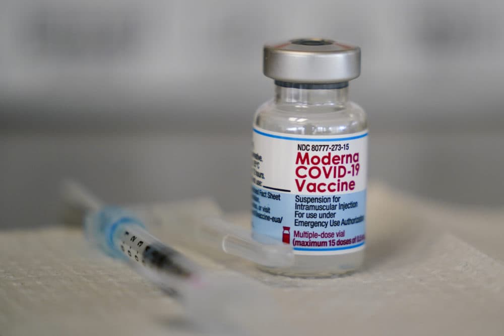 A vial of the Moderna COVID-19 vaccine is seen during a vaccination clinic at the Norristown Public Health Center in Norristown, Pa., Dec. 7, 2021. (Matt Rourke/AP File)