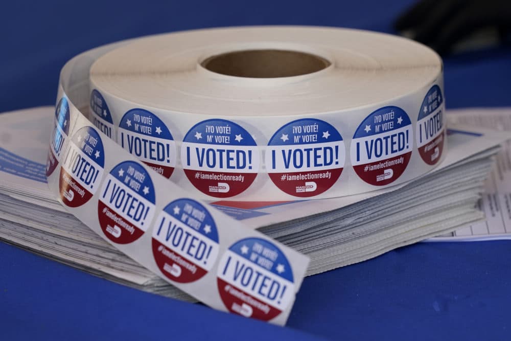 &quot;I voted&quot; stickers in English, Spanish and Creole available at an official ballot drop box location for vote-by-mail ballots for the general election on Nov. 3, at the Miami-Dade County Elections Department, on Oct. 14, 2020, in Doral, Fla. (Lynne Sladky/AP)