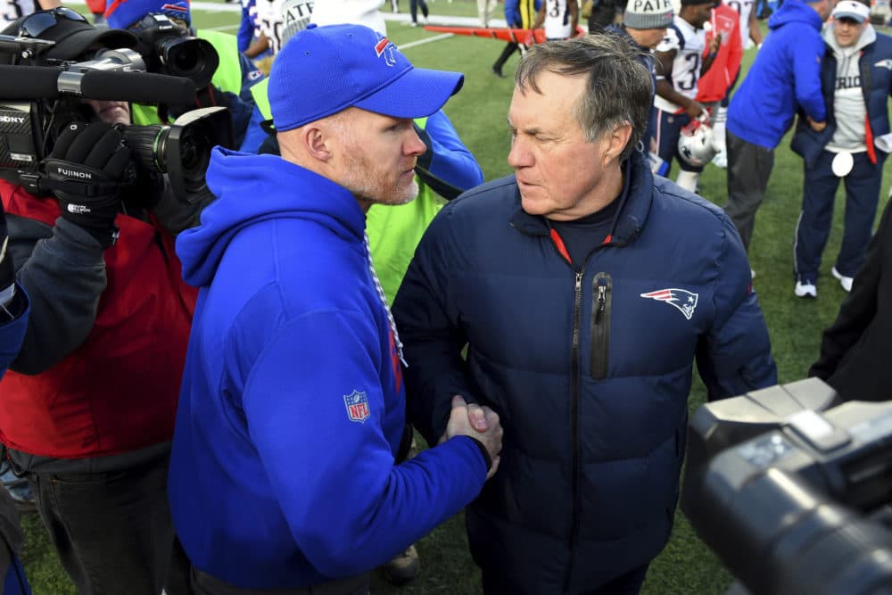 Buffalo Bills head coach Sean McDermott, left, talks to New England Patriots head coach Bill Belichick after an NFL football game, Sunday, Dec. 3, 2017, in Orchard Park, N.Y. The Bills prepare to host New England in a wild-card playoff on Saturday night. (Rich Barnes/AP)