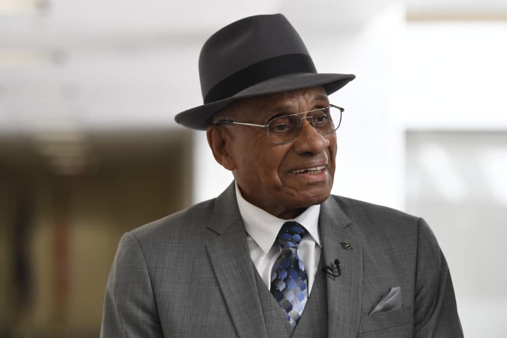 Willie O'Ree arrives for a meeting on Capitol Hill in Washington, July 25, 2019. O'Ree says the ongoing pandemic hasn't diminished what he says will be a &quot;simply amazing&quot; honor watching his No. 22 jersey retired by the Bruins.(Susan Walsh/AP File)