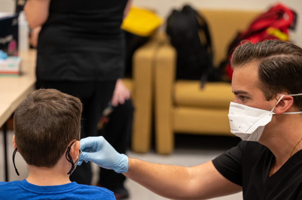 An unidentified student is administered a test by a Wild Health nurse during a COVID-19 testing day at Brandeis Elementary School on August 17, 2021 in Louisville, Kentucky. (Jon Cherry/Getty Images)