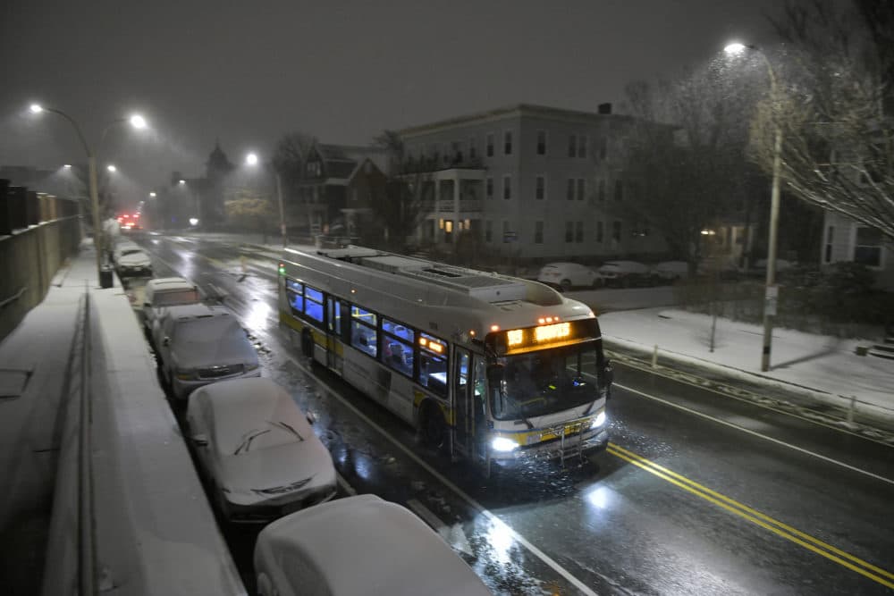 An MBTA bus en route. (Josh Reynolds/AP)