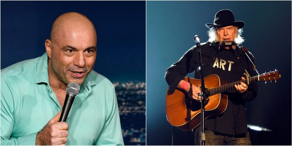 Joe Rogan (Michael S. Schwartz/Getty Images) hosted guests on his Spotify podcast who have spread misinformation about COVID-19. Neil Young (Frazer Harrison/Getty Images) requested that his music be removed from the streaming service, if it continued to provide a platform for Rogan's most insidious guests. 