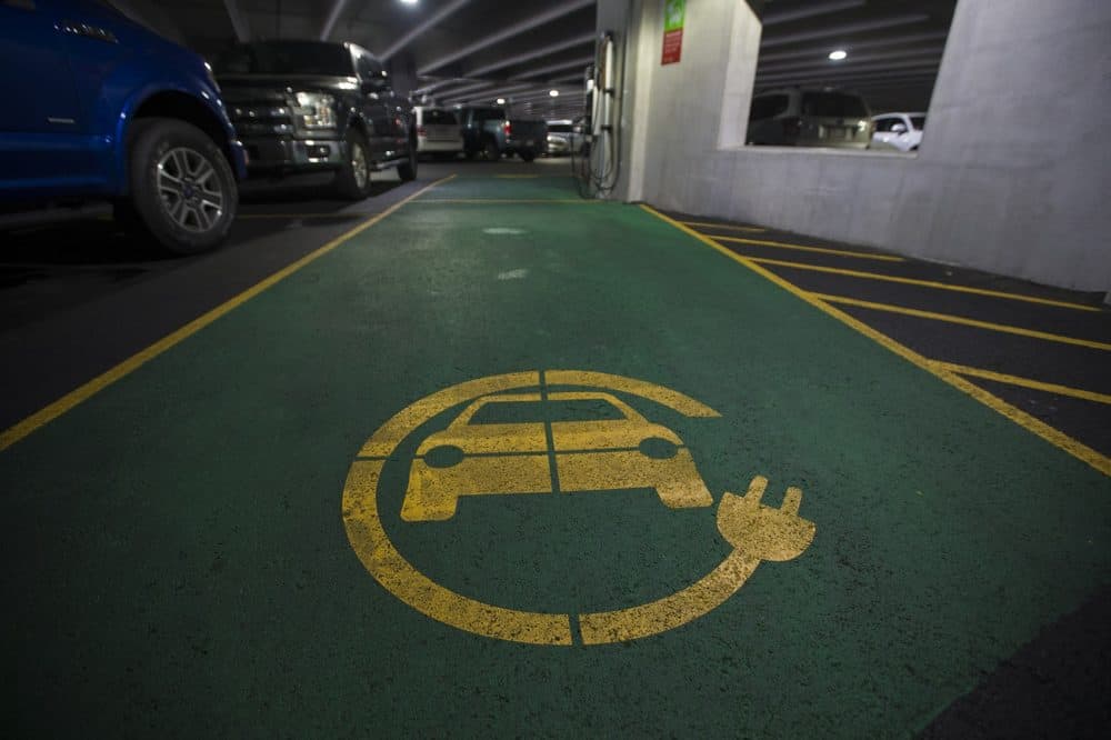 An electric car charging station in the Langsam Garage on the Boston University Campus. (Jesse Costa/WBUR)