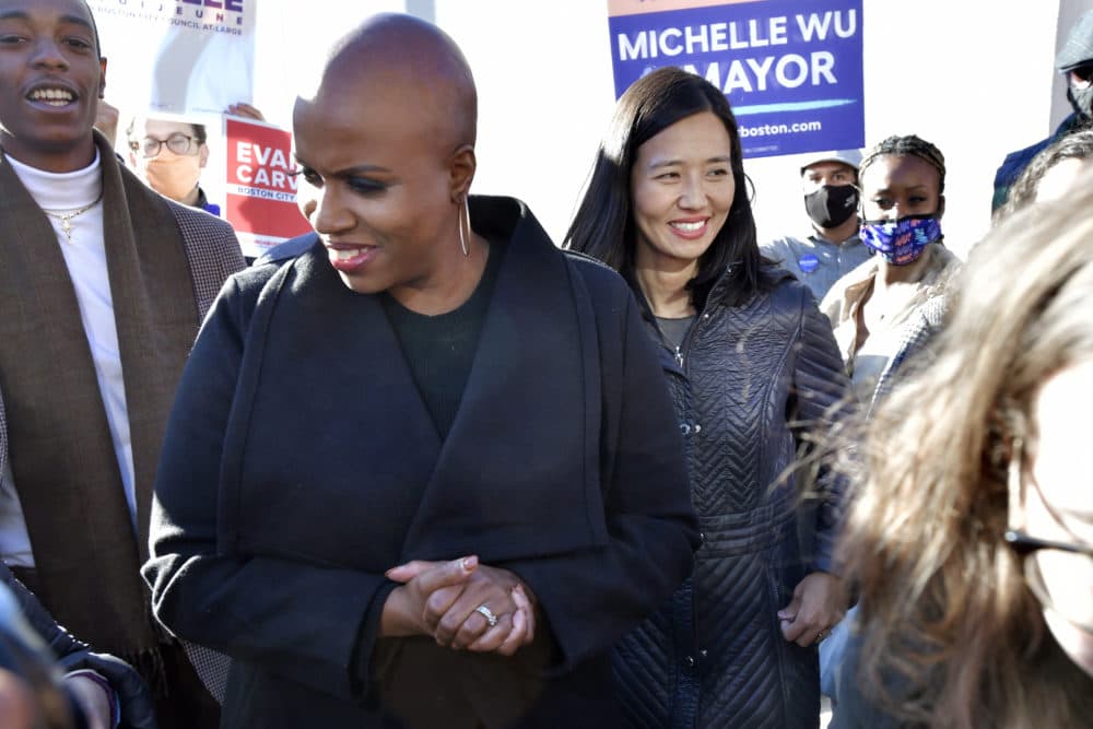 Boston mayoral candidate City Councilor Michelle Wu, right, and Congresswoman Ayanna Pressley, left, attend a campaign event in Boston on Sunday, Oct. 24, 2021. Wu faces fellow city councilor Annissa Essaibi George in a Tuesday, Nov. 2 election. (AP Photo/Josh Reynolds)