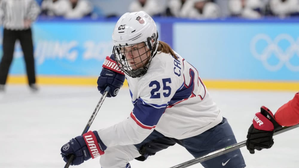 Alex Carpenter plays against Switzerland during a preliminary round women's hockey game at the 2022 Winter Olympics on Feb. 6, 2022, in Beijing. (Petr David Josek/AP)
