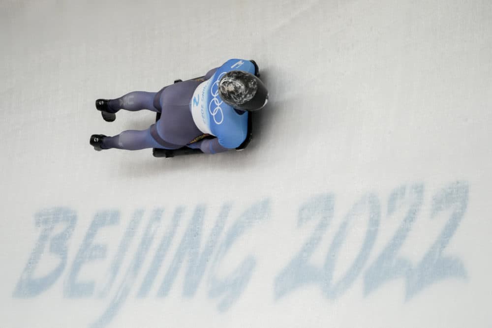 Andrew Blaser, of United States, slides during men's skeleton run 1 at the 2022 Winter Olympics, Thursday, Feb. 10, 2022, in the Yanqing district of Beijing. (Dmitri Lovetsky/AP)