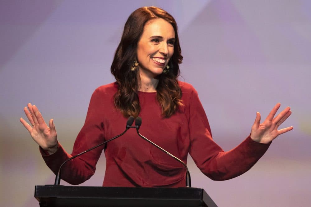 New Zealand's Prime Minister Jacinda Ardern gestures as she gives her victory speech to Labour Party members in Auckland, New Zealand, Oct. 17, 2020. Ardern has been chosen to give the keynote speech at Harvard University's commencement. (AP Photo/Mark Baker, File)