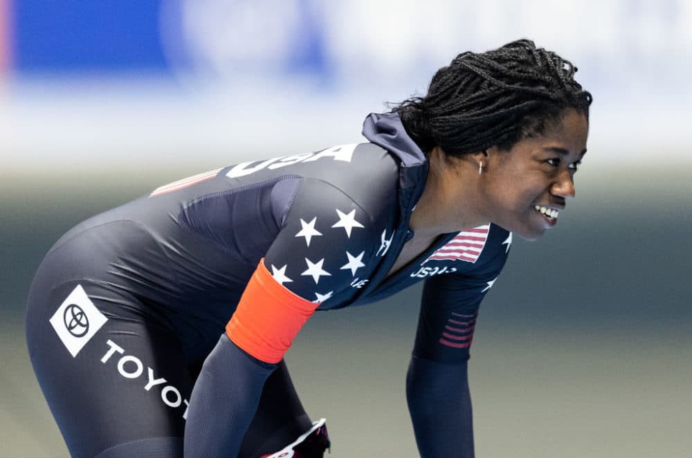 Erin Jackson of the United States smiles after winning the Women's 500m Division A race during the ISU World Cup Speed Skating on Nov. 12, 2021 in Tomaszow Mazowiecki, Poland. (Boris Streubel/Getty Images)