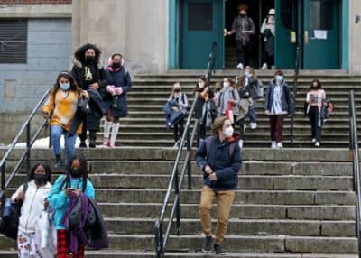 Students from Boston Latin Academy in Dorchester walk out of class in protest of the lack of protection from COVID inside the school on January 14, 2022 in Boston, Massachusetts. (Matt Stone/MediaNews Group/Boston Herald via Getty Images)