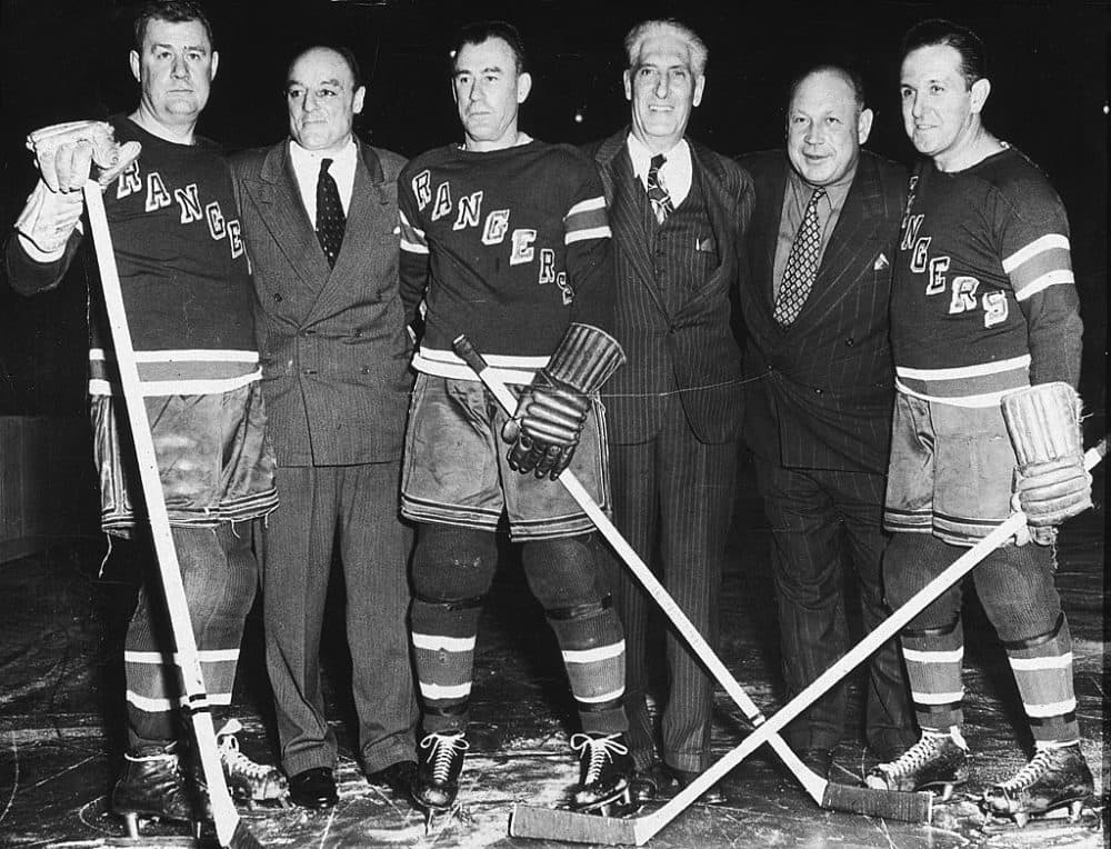 December 1947: Members of the New York Rangers hockey team gather to honor Lester Patrick, who was their first manager, at Madison Square Garden in New York City. From left to right: Bun Cook, Ching Johnson, Bill Cook, Patrick Lester, Taffy Abel and Frank Boucher. (New York Times Co./Getty Images)