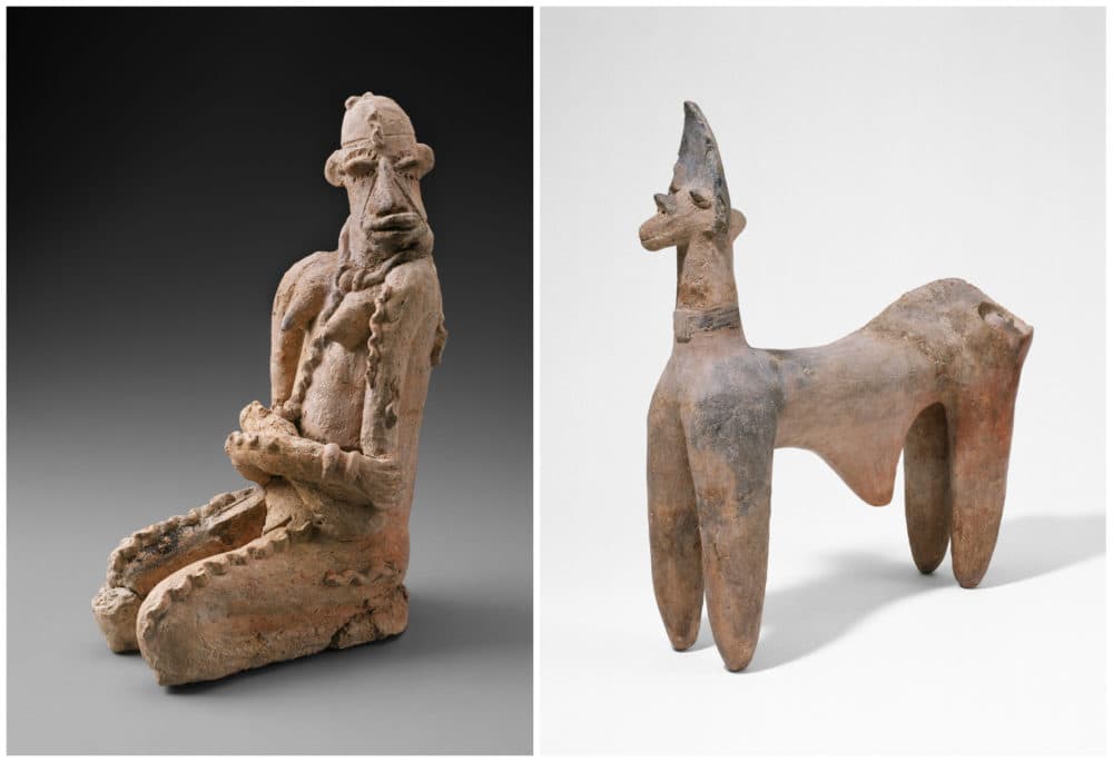The MFA is returning two objects to Mali, depicting a kneeling figure, left, and a ewe. (Lent by William E. Teel. Courtesy Museum of Fine Arts, Boston)
