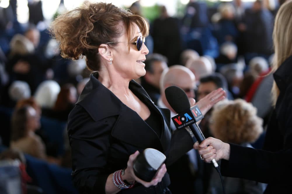 Former Alaska Governor Sarah Palin gives a media interview before the start of a funeral service for Rev. Billy Graham at the Billy Graham Library on March 2, 2018 in Charlotte, North Carolina. (Brian Blanco/Getty Images)