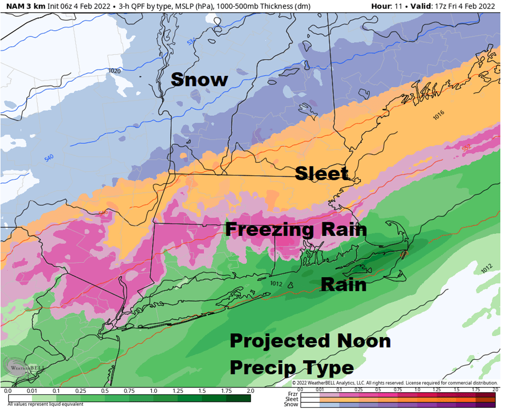 There will be multiple precipitation types occurring across the region midday Friday. (Courtesy WeatherBELL)