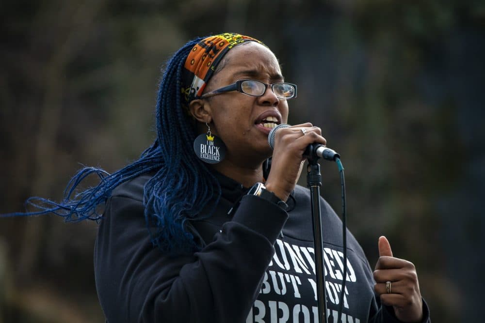 Monica Cannon-Grant speaks at a Black Lives Matter rally at Madison Park High School on Martin Luther King Day in 2021. (Jesse Costa/WBUR)
