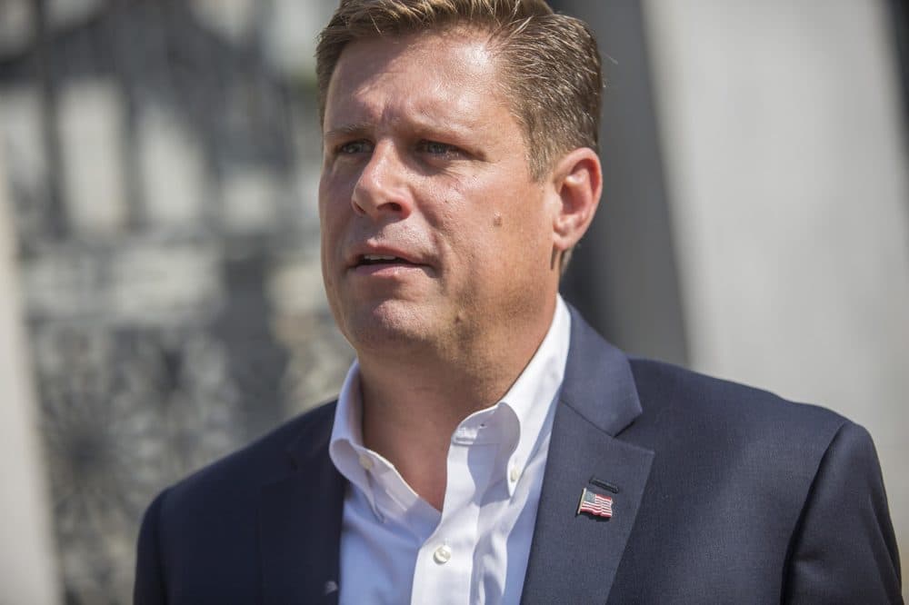Republican candidate for U.S. Senate Geoff Diehl speaking to press outside the State House. (Jesse Costa/WBUR)