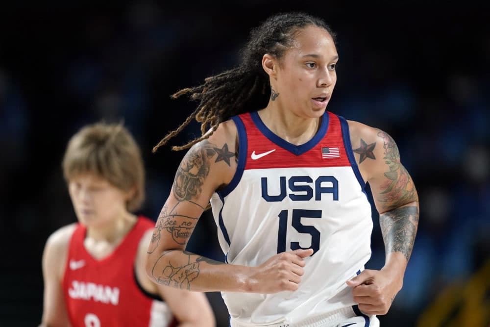 United States' Brittney Griner (15) runs up court during women's basketball gold medal game against Japan at the 2020 Summer Olympics on Aug. 8, 2021, in Saitama, Japan. Griner’s detention in Russia raises all sorts of questions. Is she a political prisoner in the standoff between two superpowers? Is she being treated like anyone else who violated the law in a foreign country? (Charlie Neibergall/AP)