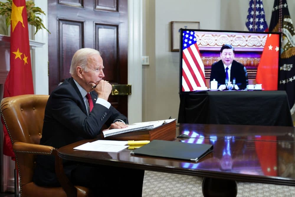U.S. President Joe Biden meets with China's President Xi Jinping during a virtual summit from the Roosevelt Room of the White House in Washington, D,C., November 15, 2021. (Mandel Ngan/AFP via Getty Images)