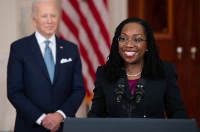 Judge Ketanji Brown Jackson, with President Joe Biden, speaks after she was nominated for Associate Justice of the US Supreme Court, in the Cross Hall of the White House in Washington, DC, February 25, 2022.  (Saul Loeb/AFP via Getty Images)