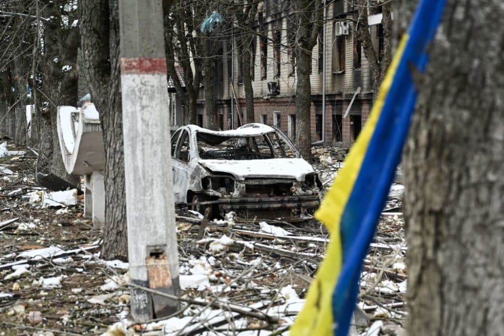 The view of military facility which was destroyed by recent shelling in the city of Brovary outside Kyiv on March 1, 2022. (Genya Savilov/AFP/Getty Images)