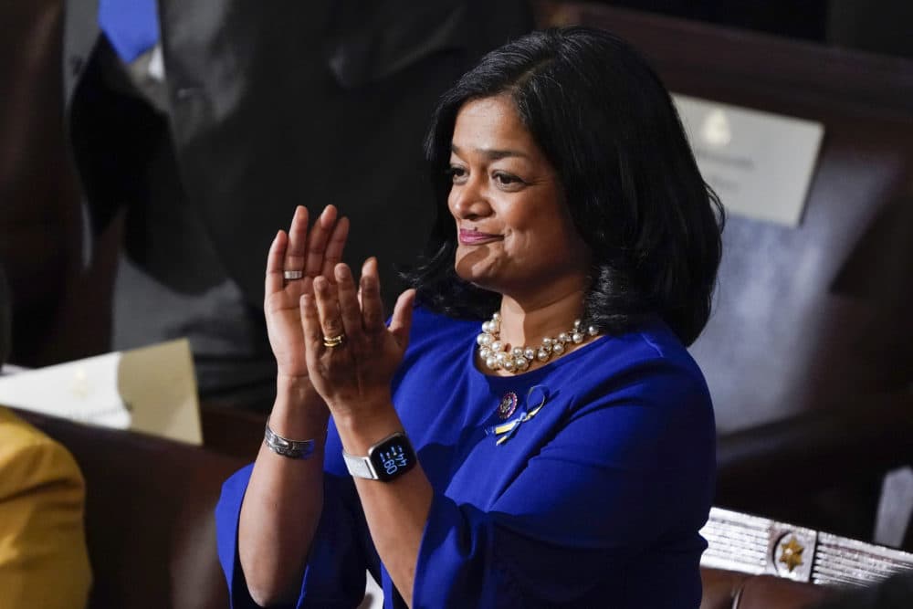 Rep. Pramila Jayapal applauds as President Biden delivers his first State of the Union address to a joint session of Congress on March 1, 2022, in Washington, D.C. (J. Scott Applewhite-Pool/Getty Images)
