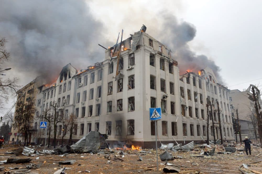 Firefighters work to contain a fire at the Economy Department building of Karazin Kharkiv National University, allegedly hit during recent shelling by Russia, on March 2, 2022. (Photo by Sergey Bobok/AFP via Getty Images)