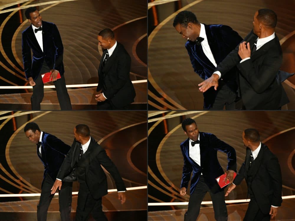 This combination of pictures shows Will Smith approaching Chris Rock onstage during the 94th Oscars at the Dolby Theatre in Hollywood, California on March 27, 2022. (Robyn Beck/ AFP via Getty Images)