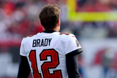 Tom Brady of the Tampa Bay Buccaneers looks on before the game against the Los Angeles Rams in the NFC Divisional Playoff game at Raymond James Stadium on January 23, 2022 in Tampa, Florida. (Kevin C. Cox/Getty Images)