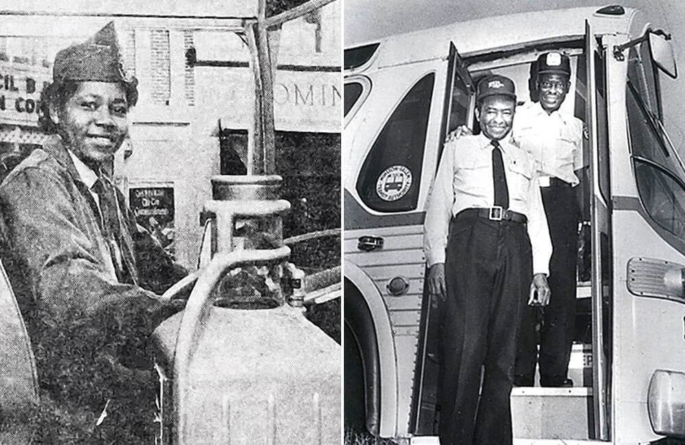 Priscilla Stephens (left) was Safe Bus' first woman bus driver. She was mentored by longtime driver Clark Campbell (far right). (Courtesy of Winston-Salem Transit Authority)