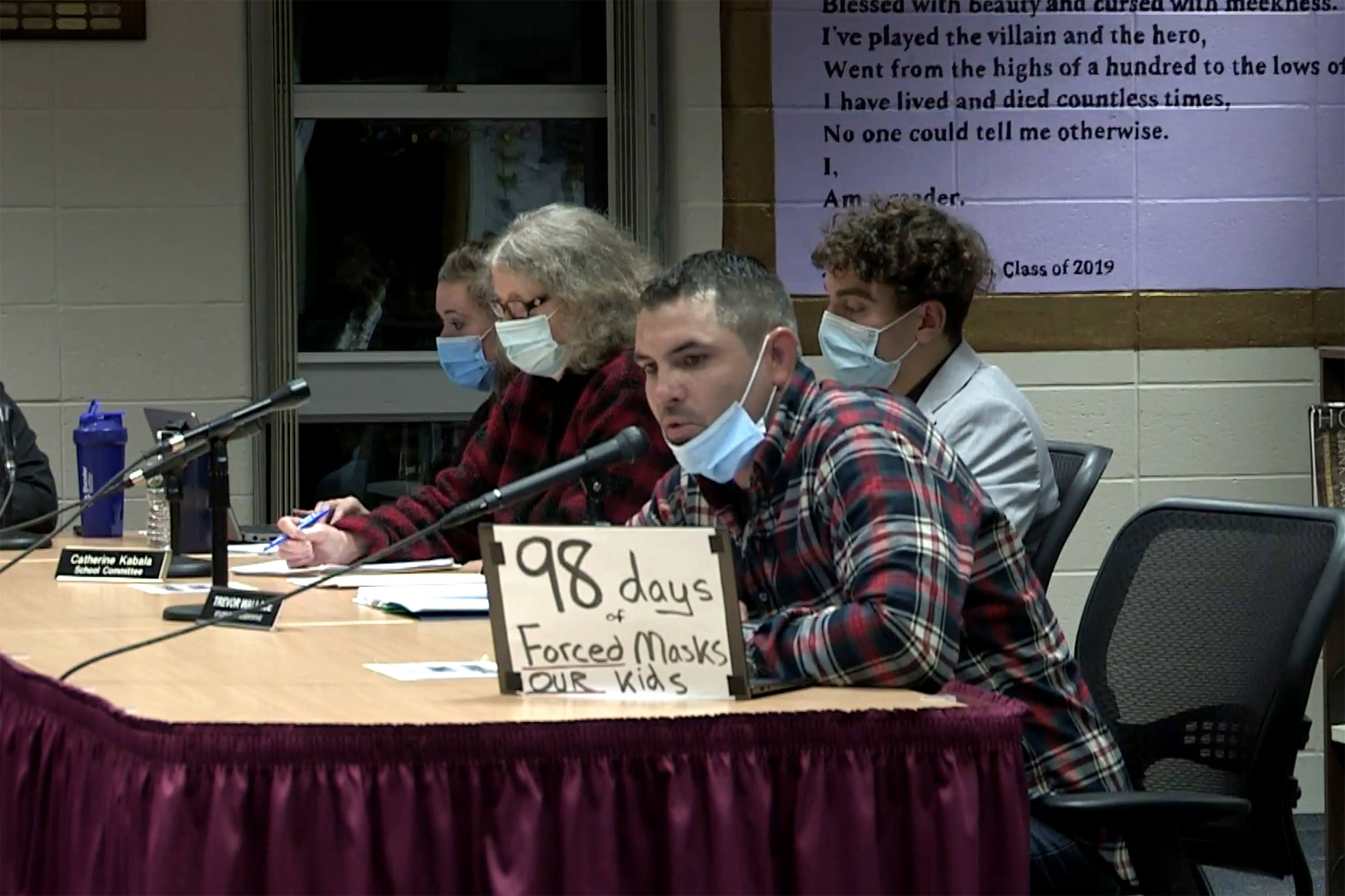 Timothy Paquette, a resident of Dudley with children in the school system, speaks during a school committee meeting on Dec. 8, 2021. (Screenshot: Dudley-Charlton School Committee meeting)