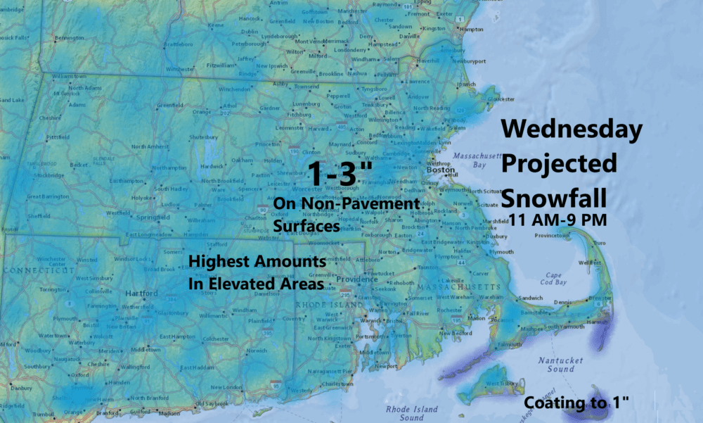 Snow will pile up 1-3 inches in most areas Wednesday afternoon. (Dave Epstein for WBUR)