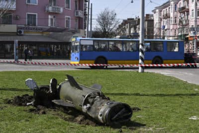 A fragment of a Tochka-U missile lies on the ground following an attack at the railway station in Kramatorsk, Ukraine, Friday, April 8, 2022. A missile has hit a crowded train station in eastern Ukraine that was an evacuation point for civilians fleeing the war. Ukrainian President Volodymyr Zelenskyy said at least 30 were killed during Friday's strike. (Andriy Andriyenko/AP)