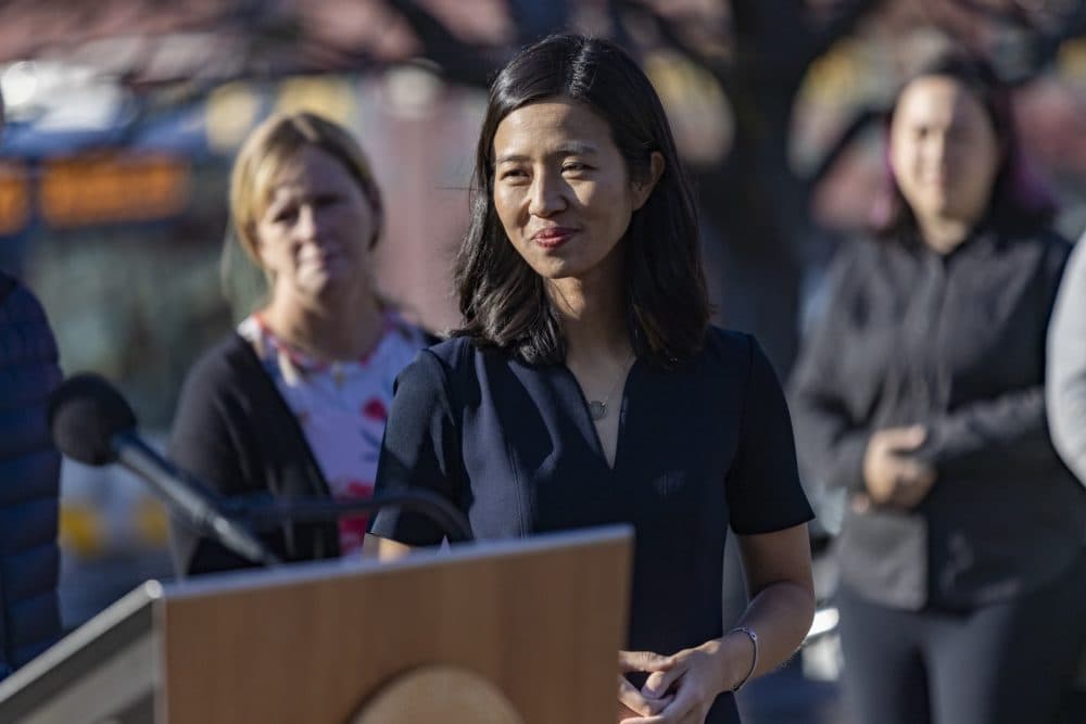 Mayor Michelle Wu at an event in November 2021 about the fare-free bus program. (Jesse Costa/WBUR)