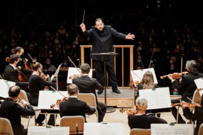 Andris Nelsons conducting the Boston Symphony Orchestra in February. (Courtesy Aram Boghosian)