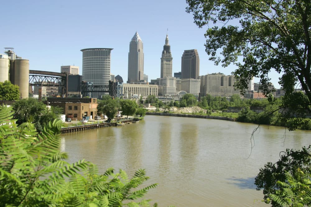 The Cuyahoga River flows past downtown Cleveland Tuesday, July 15, 2008. (Mark Duncan/AP)