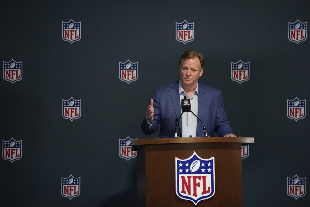 NFL Commissioner Roger Goodell answers questions from reporters on March 29, 2022. (Rebecca Blackwell/AP)