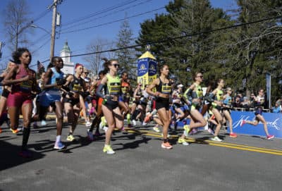 The elite women break from the starting line of the 126th Boston Marathon, Monday, April 18, 2022, in Hopkinton, Mass. (Mary Schwalm/AP)