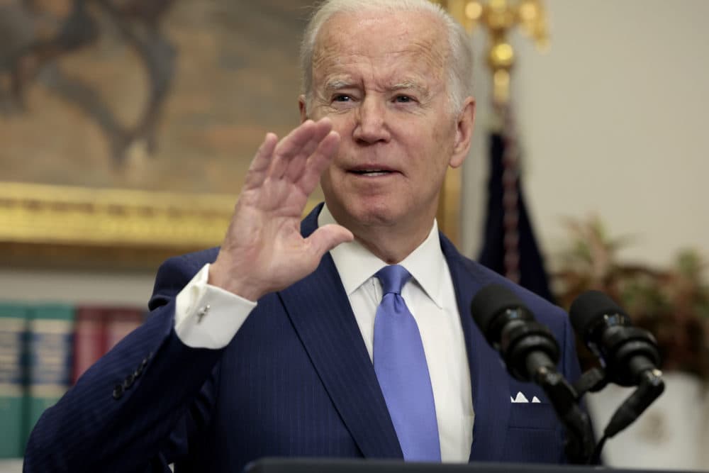 President Biden gestures as he gives remarks on providing additional support to Ukraine’s war efforts against Russia from the Roosevelt Room of the White House on Thursday. (Anna Moneymaker/Getty Images)