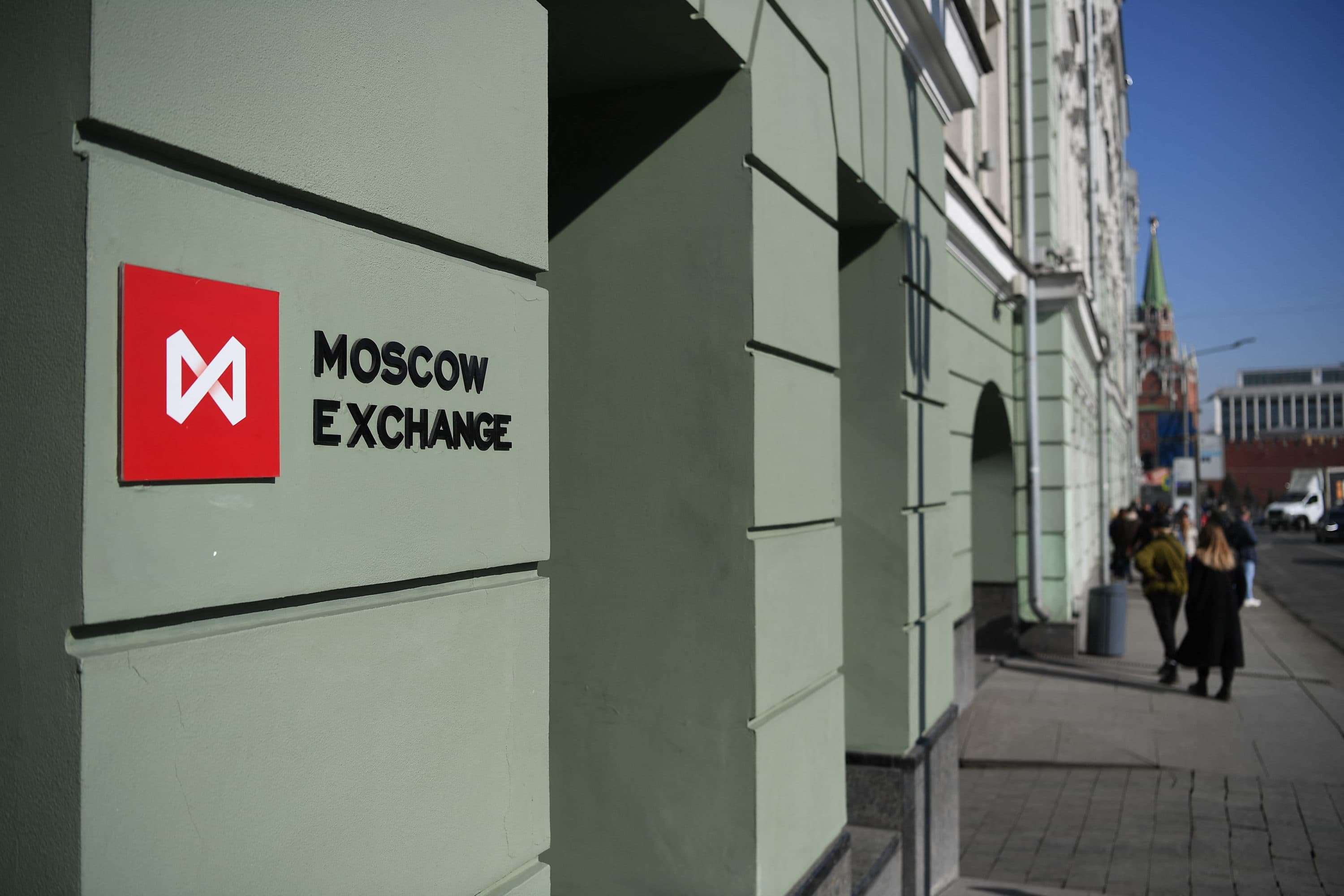 A view of the Moscow Exchange office in Moscow on March 24, as it resumed trading of some shares - but not for foreigners. (Natalia Kolesnikova/AFP via Getty Images)